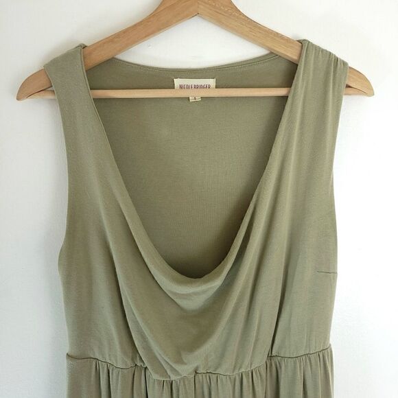 Nicole Bridger Vancouver Khaki Green Jersey Dress with Draping Plunge Neckline - Picture 3 of 6